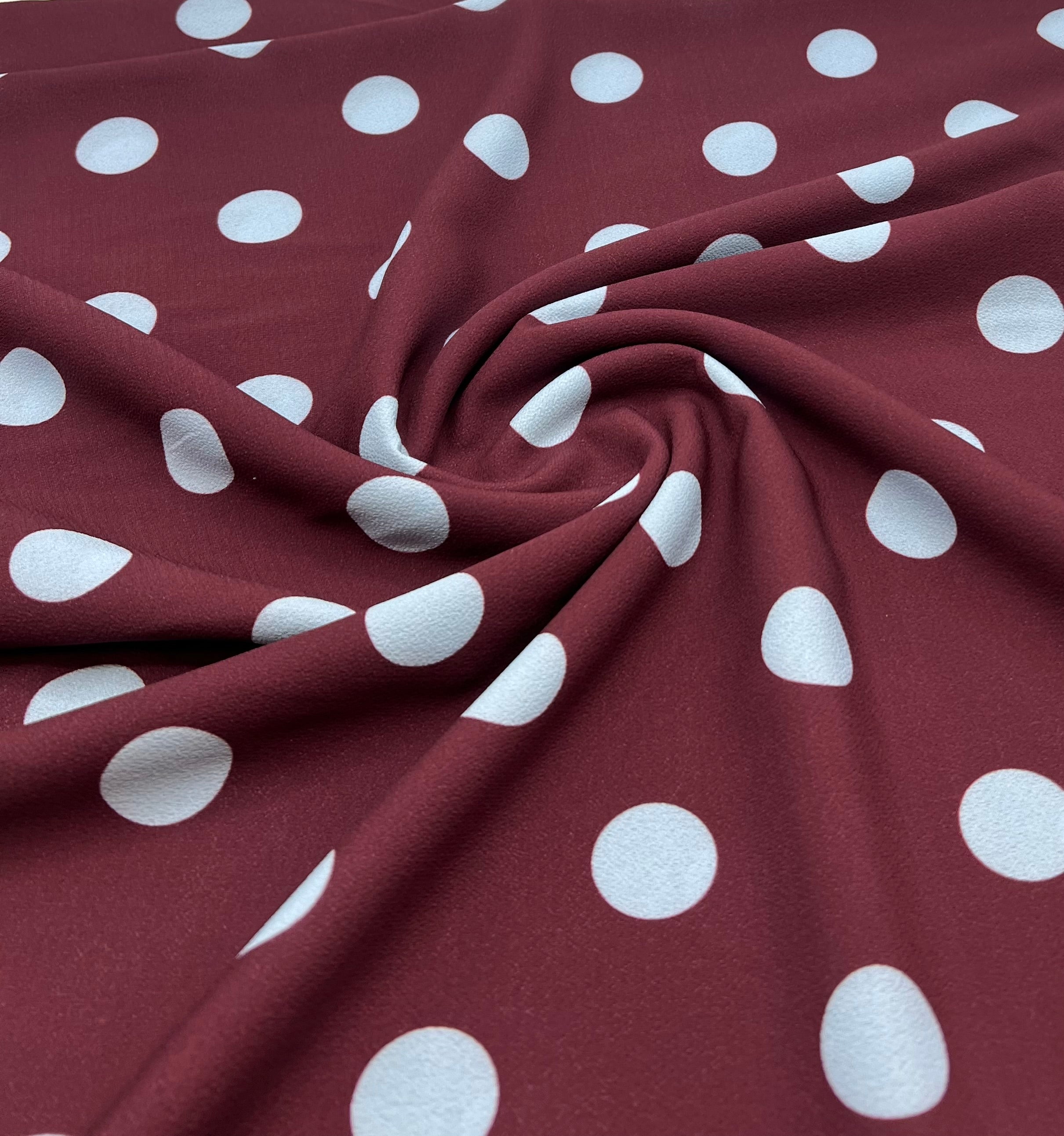 Burgundy Blue Polka Print Lightweight Bubble Crepe Fabric